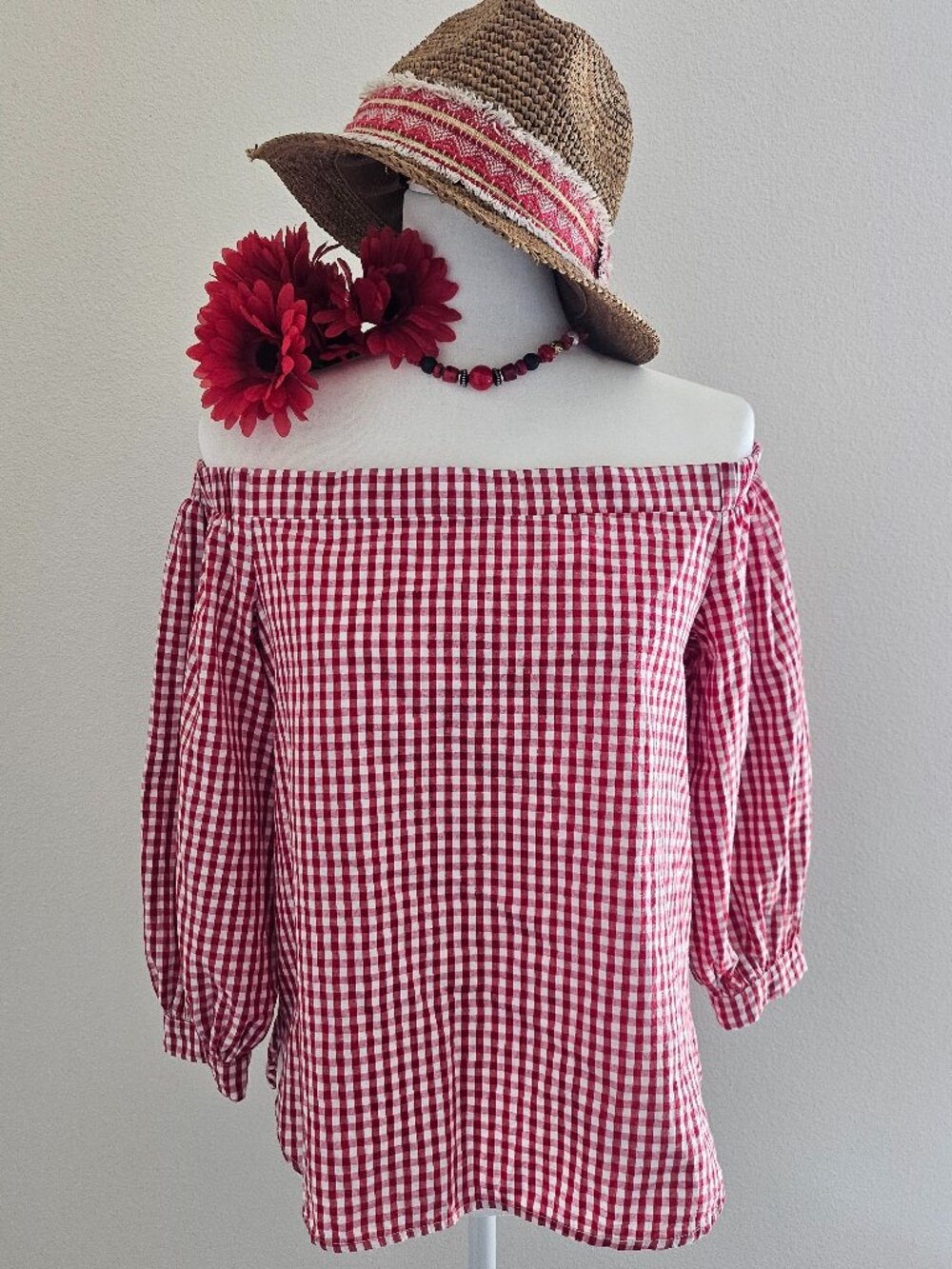 Soprano Red Gingham Off Shoulder Top Size Small Puff Sleeve